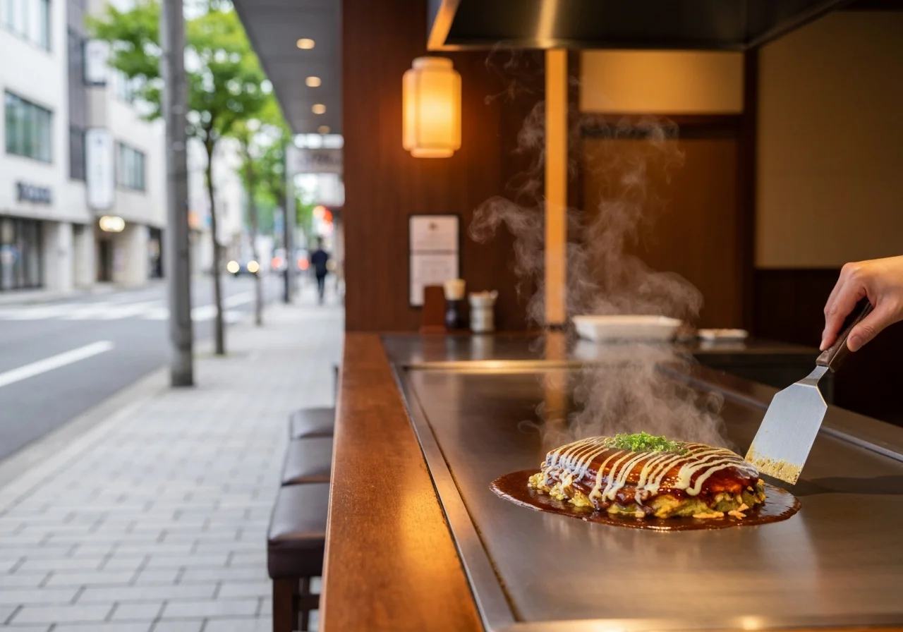 A sidewalk leading from Hiroshima Station to the shop, alongside the surrounding restaurant district and a street that's easy to walk along