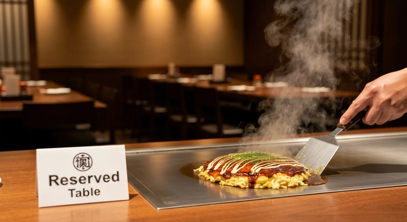 A reservation sign placed in front of the griddle, a steaming Hiroshima okonomiyaki, and neatly arranged seating in the back
