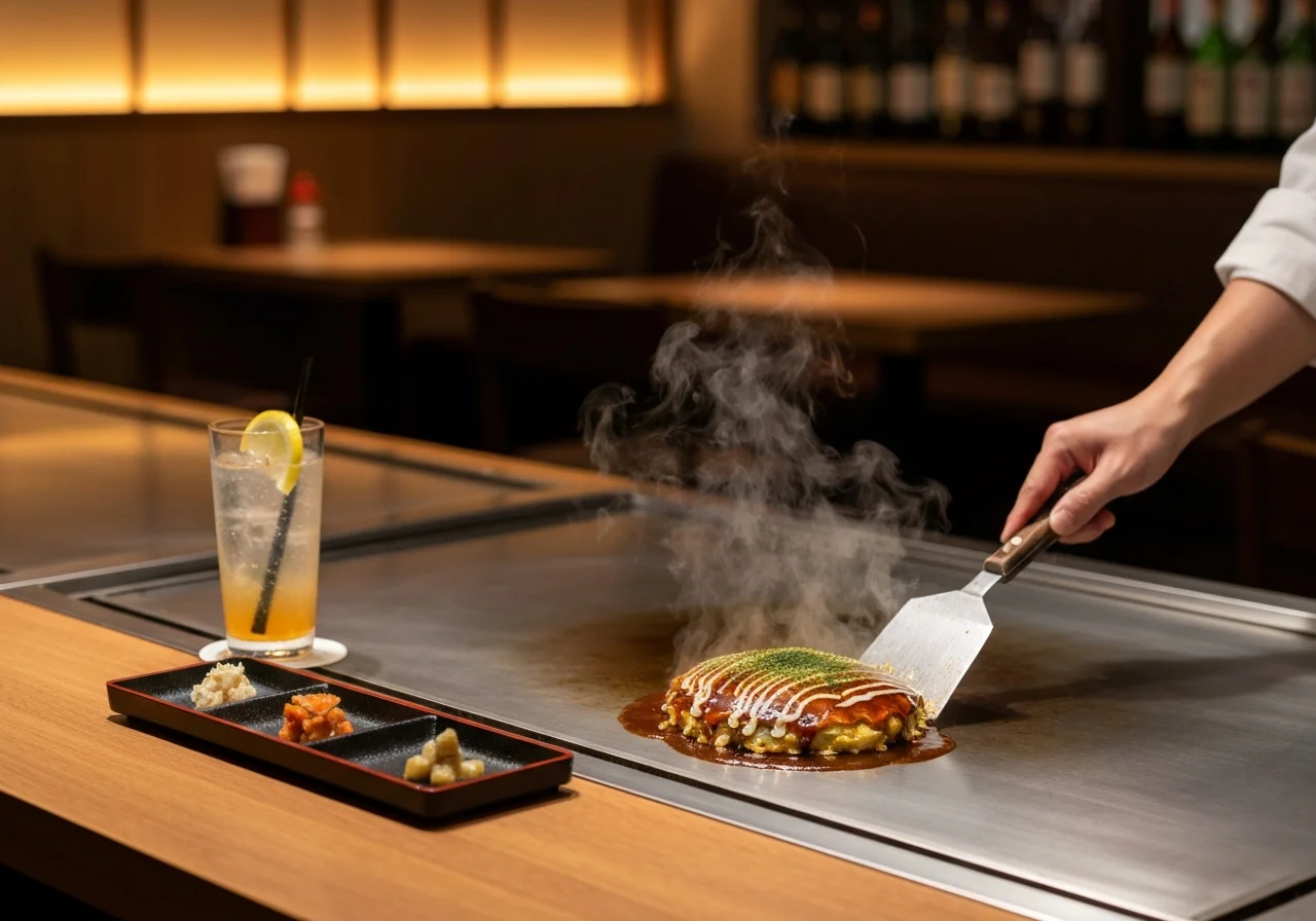 A table on a wooden surface with a piping hot Hiroshima okonomiyaki and a lemon sour, plus small teppanyaki plates alongside