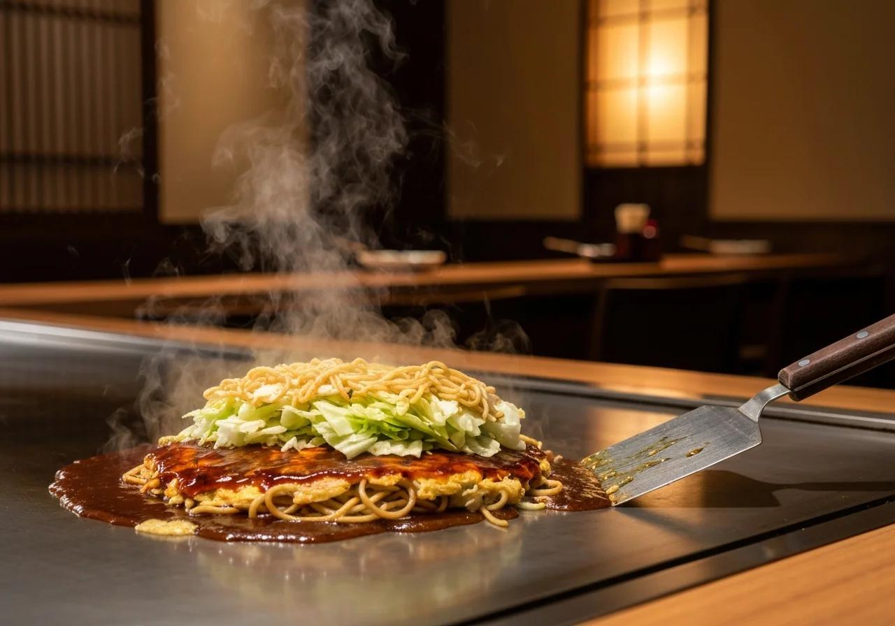 A Hiroshima okonomiyaki being prepared on a large iron griddle, with noodles and cabbage layered and shaped with a spatula