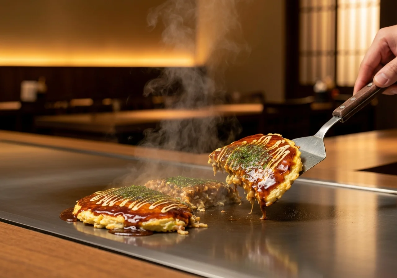広島お好み焼きをヘラで持ち上げ、断面に麺とキャベツが見える接写写真