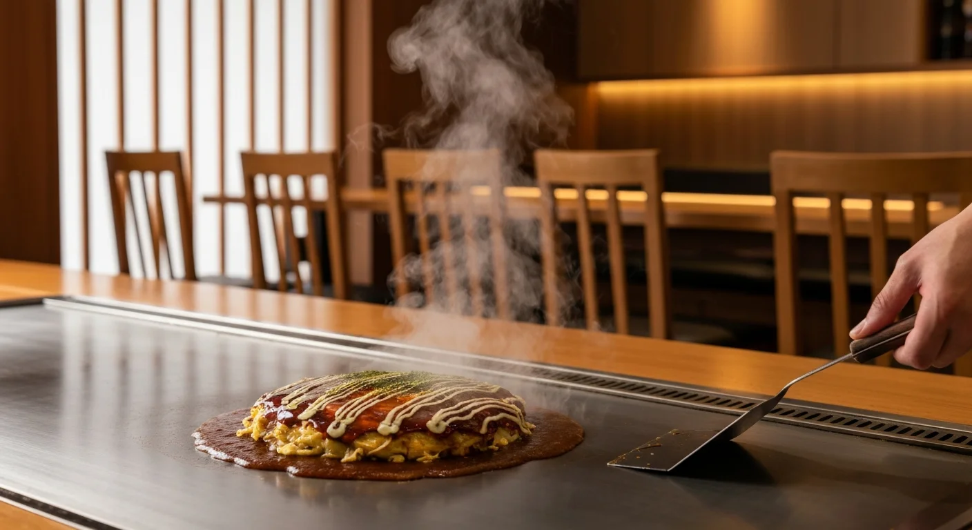 Interior view showing Hiroshima okonomiyaki finishing on the griddle, with wooden counter seats visible beyond the steam